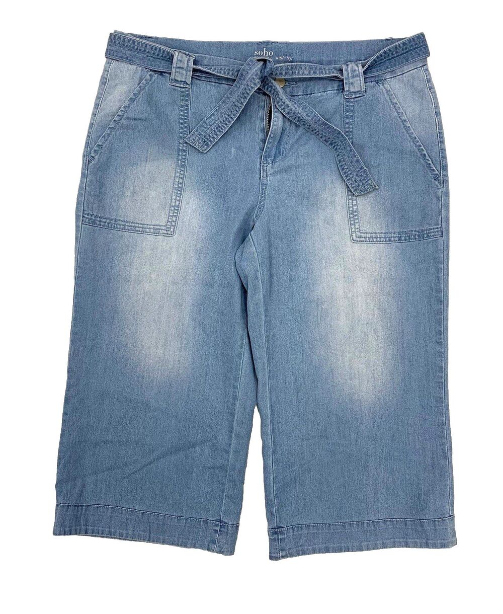New York & Co Soho Mid Rise Belted Cropped Wide Leg Jeans Sz 14 Blue Faded Denim